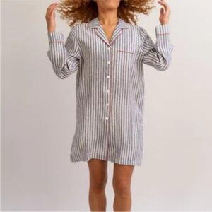 PIGLET IN BED WOMENS MIDNIGHT STRIPE 100% FRENCH FLAX PAJAMA SHIRT DRESS NWOT